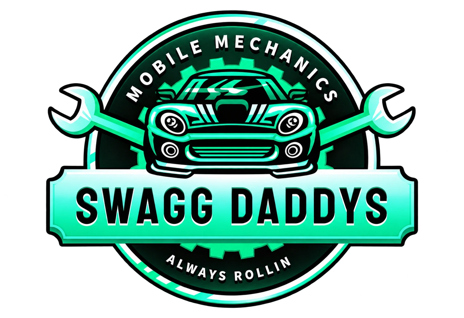 Swagg Daddys Mobile Mechanics — Always Rollin. Mint green car and crossed wrenches.